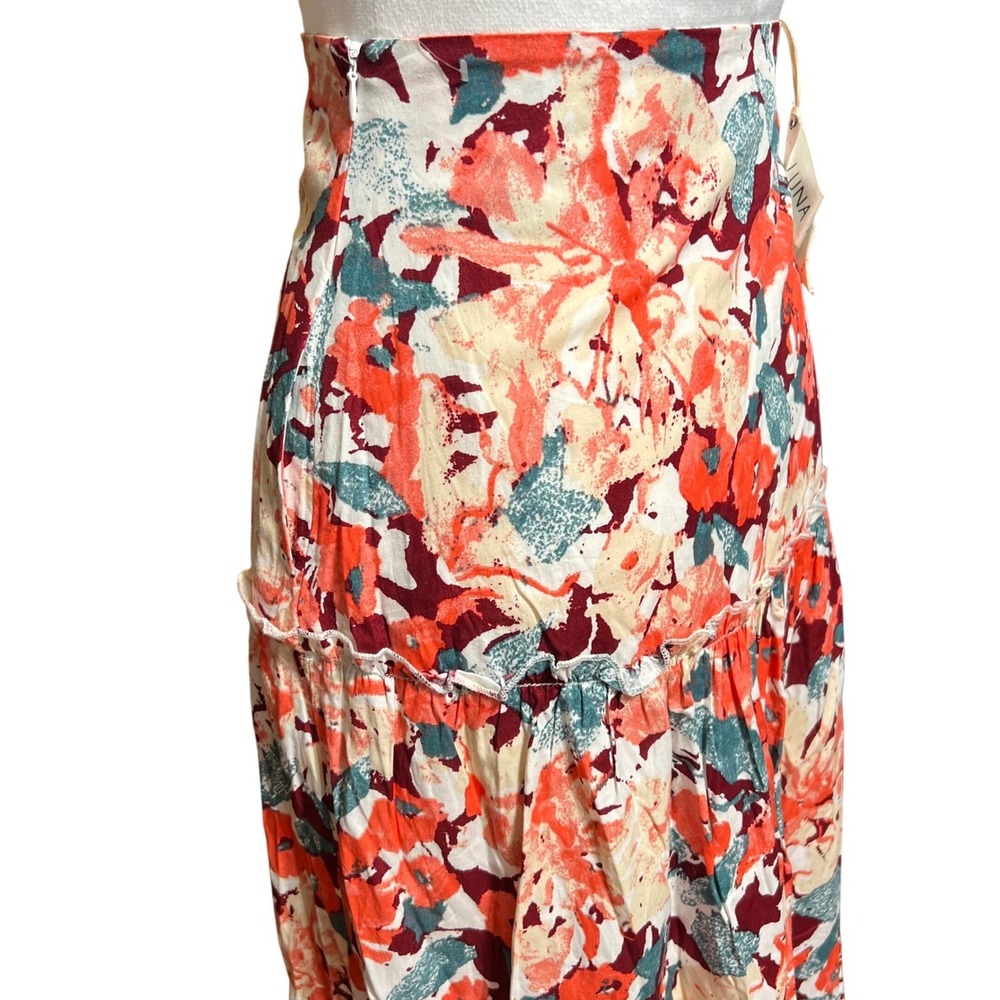 Luna Moon Floral Maxi Skirt Coral Teal Tiered Ruffle Eyelet Boho Women M - Picture 4 of 7